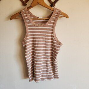 Double Zero Buckle Ribbed Tan White Striped Tank Top Stretch Cotton Medium
